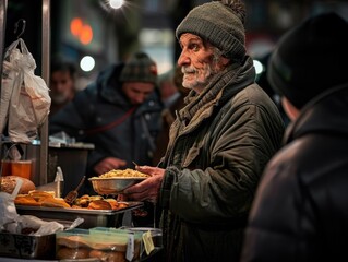 Homeless man in warm clothing holding a bowl of food on a chilly night in an urban setting