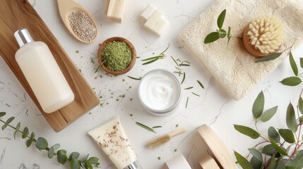 Natural skincare products and spa accessories arranged on a marble surface