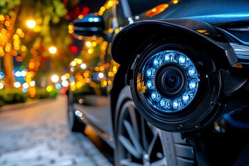 Obraz premium A high-resolution security camera capturing clear footage of a vehicle in a driveway at night, with the system automatically enhancing the image quality for identification