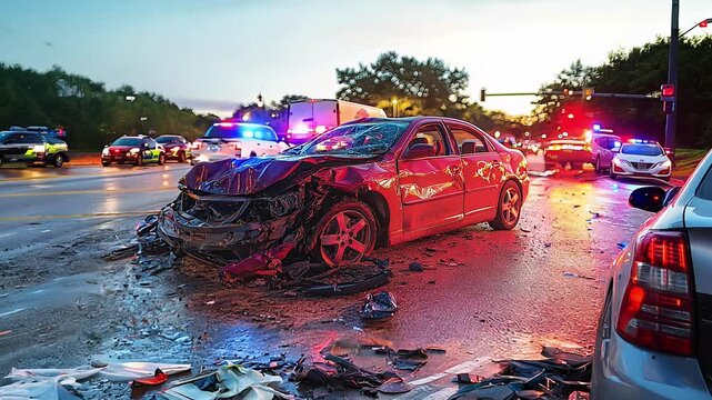 A red car is smashed and has a police car behind it. The scene is chaotic and dangerous