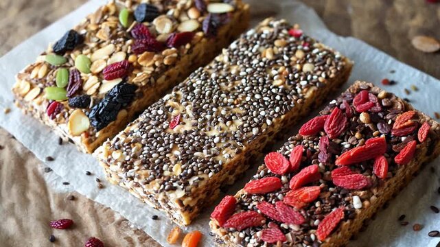 Three bars of granola with nuts and berries on top