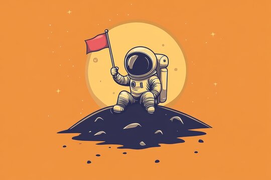 Minimalistic cartoon of cute astronaut planting flag on moon against yellow background.