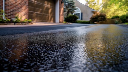 Freshly applied black sealcoat glistens on a newly restored asphalt driveway, with clean edges and subtle texture visible.