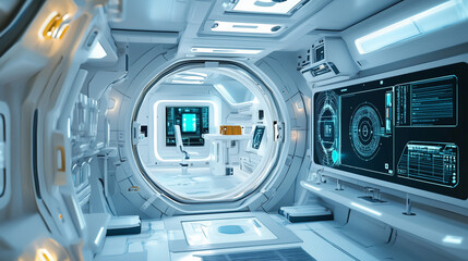 Fototapeta premium Futuristic AI-Enhanced Space Habitat with Autonomous Systems Maintaining Life Support and Research