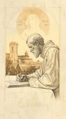 Fototapeta premium The painting of St. Albert the Great Writing in 13th-Century University, Biblical Illustration, Beige Background, Copyspace