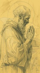Fototapeta premium The painting of St. Dositheus of Gaza Praying in 6th-Century Monastery, Biblical Illustration, Beige Background, Copyspace