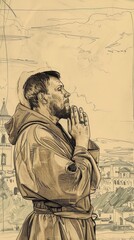 Fototapeta premium The painting of St. Francis of Paola Praying in 15th-Century Italian Monastery, Biblical Illustration, Beige Background, Copyspace