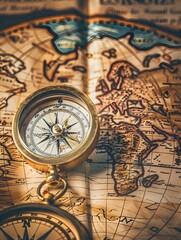 Fototapeta premium Magnetic old compass on world map. Travel, geography, history, navigation, tourism and exploration concept background. Retro compass on geography map.