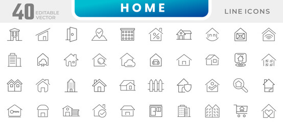 Home and house line icon collection. Real estate, building, key, smart home, family, home loan, rent house, and management icon set. UI outline icons pack