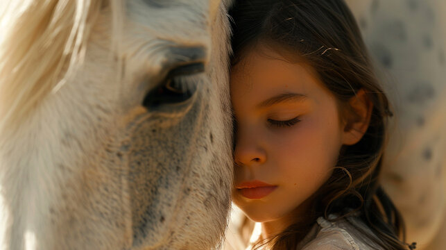 Close-up of a Pegasus nuzzling a young girl, their gentle interaction capturing a moment of magic and innocence
