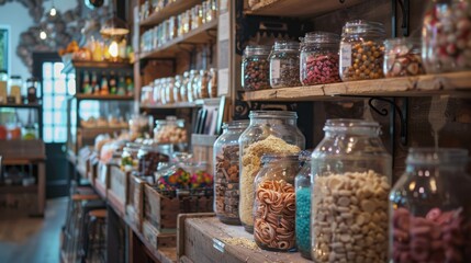Rustic jars of dry goods in a cozy general store