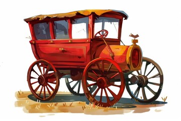 Fototapeta premium A red wooden carriage with a canvas top, drawn by a horse, is depicted in a whimsical illustration. Children's Book Illustration