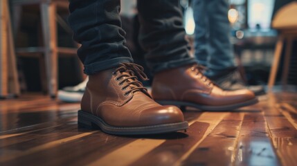 Close-up of stylish leather boots on wooden floor