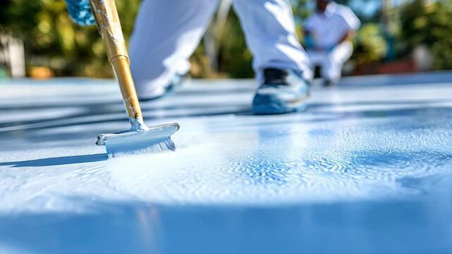 A man is painting a pool with a brush. The pool is blue and the man is wearing a white shirt