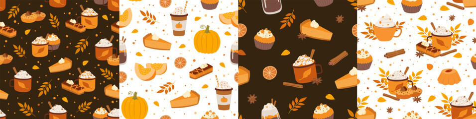 Set of autumn seamless pattern with hot beverage, cappuccino, pumpkin and cake. Vector illustration. Perfect for cafeteria, bakery, wrapping paper