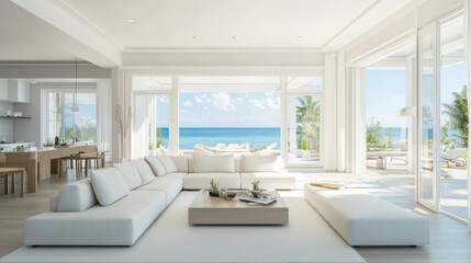 Fototapeta premium Bright, clean white living room with a panoramic view of the ocean. Natural light streaming through large windows creates a serene and airy atmosphere.