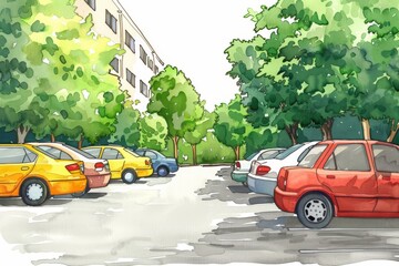 A colorful watercolor painting of a parking lot with cars parked under green trees. Children's Book Illustration