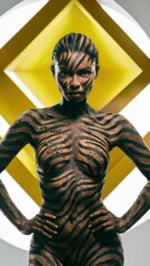 A woman with a painted body standing in front of an abstract painting, AI