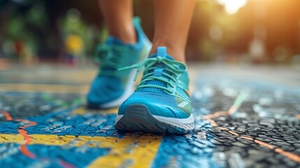 Close-Up of Blue Running Shoes on Colorful Mosaic Path in Sunlight