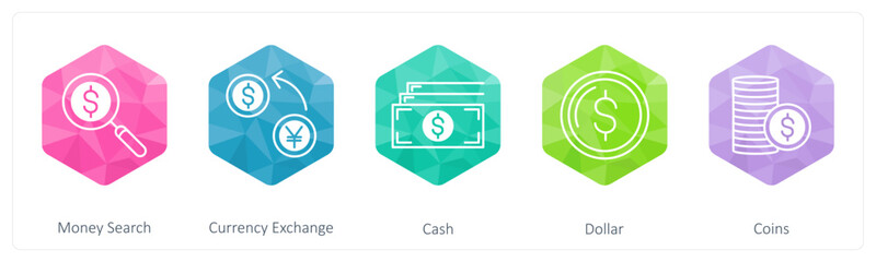 A set of 5 Business icons as money search, currency exchange, cash