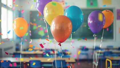 Colorful balloons and confetti brighten a classroom during a celebration