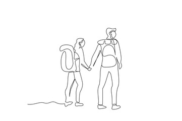 couple in love together backpacking nature camping hiking hike lifestyle one line art design vector