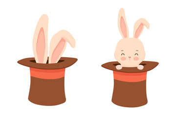Cute bunny in magic hat of circus magician. Funny rabbit character. Hand drawn isolated vector illustration for kids and nursery