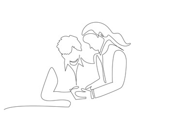 young woman teaching old woman mobile phone application happy people one line art design vector