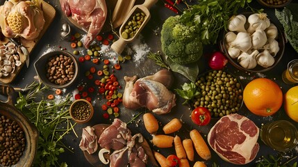 Panorama of healthy fresh ingredients for pet food