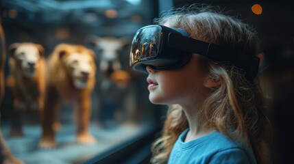 A child explores a virtual zoo, captivated by the immersive experience of viewing virtual lions.