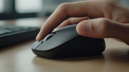 mouse and hand, A close-up of a hand using a modern computer mouse, showing the comfortable grip and smooth lines,