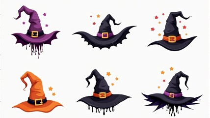 Naklejka premium Colorful Halloween Witch Hats Illustration with Stars - Perfect for Spooky Designs and Holiday Themes