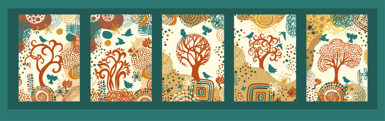 A set of paintings with decorative trees and birds. Decorative tree and birds. hand drawing. Not AI Vector illustration.