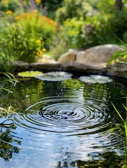 Rain Drops Creating Ripples in a Garden Pond