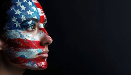 Person with painted face in American flag colors posed against a dark background