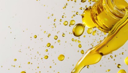 Golden liquid splashing from a bottle against a light background