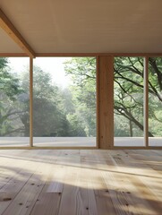 Room with large windows, empty room with minimalist model, room with wooden design, room, large windows, minimalism