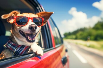 A cheerful dog wearing sunglasses leans out of a car window during travel