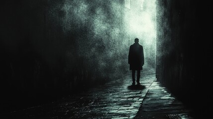 Obraz premium A moody image featuring a single figure standing in a dark alleyway, illuminated by a soft light from an unseen source. The person's posture suggests deep disappointment, with slumped shoulders and a