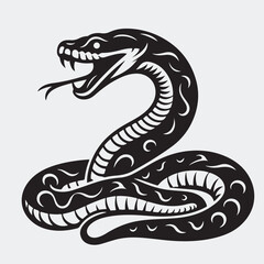 A bold and graphic illustration of a coiled snake, its fangs bared in a timeless symbol of danger and power. 