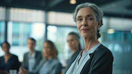 Senior caucasian woman with short grey hair smiling Indoor professional setting Engaged in conversation Warm lighting Networking event Business attire