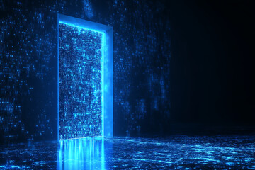 Obraz premium Abstract digital background banner featuring an open door with light streaming through