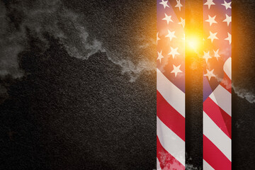 Patriot Day background. Towers with the pattern of the USA flag on black textured background with...