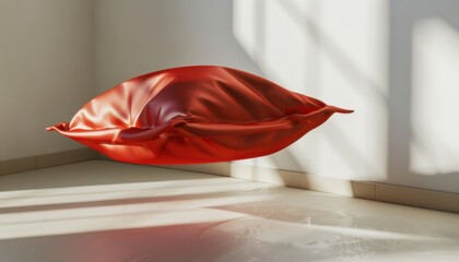 Red inflatable pillow floating beside a sunlit wall in a modern interior