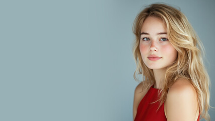 Naklejka premium Caucasian woman wearing red silk dress isolated on gray background