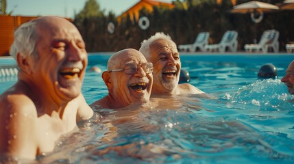 Senior friends enjoying a joyful moment in a swimming pool on a sunny day, laughter and happiness among elderly men having fun together