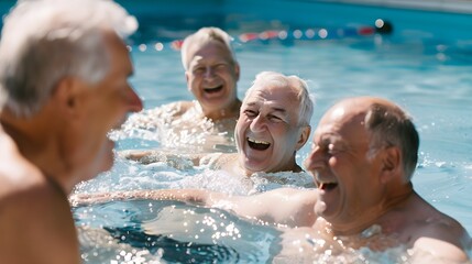 Senior friends enjoying a joyful moment in a swimming pool on a sunny day, laughter and happiness among elderly men having fun together