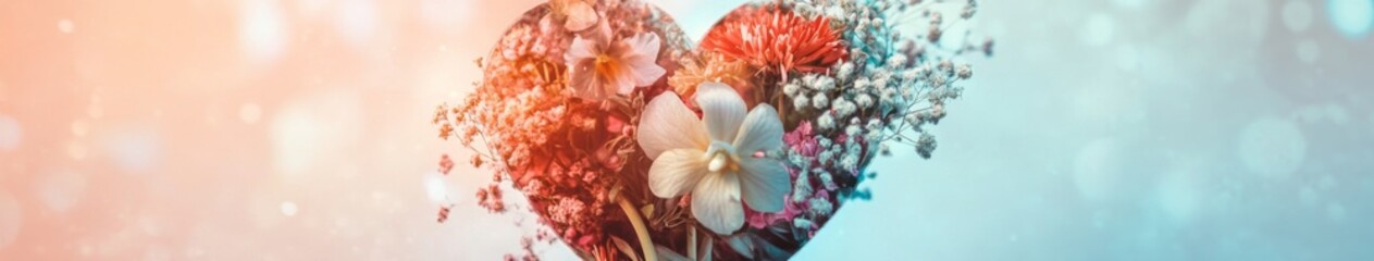 Fototapeta premium Tender Touch of Self-Care: A Creative Arrangement of Soft-Colored Florals Forming a Heart for a Gentle Reminder of Personal Well-being