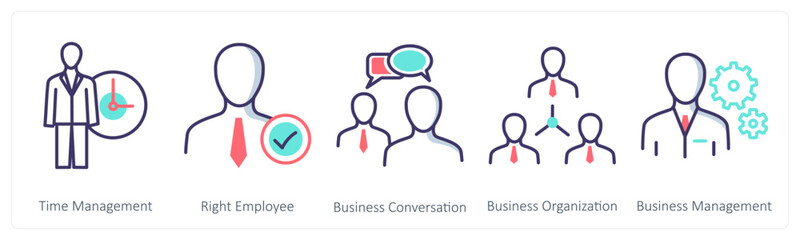 A set of 5 Business icons as time management, right employee, business conversation