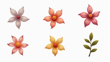 Obraz premium Beautiful Floral Illustrations with Six Vibrant Flowers and a Leaf, Perfect for Botanical Projects and Designs